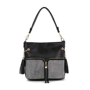 Black Stylish Rhinestone Bling Zip Hobo Handbag